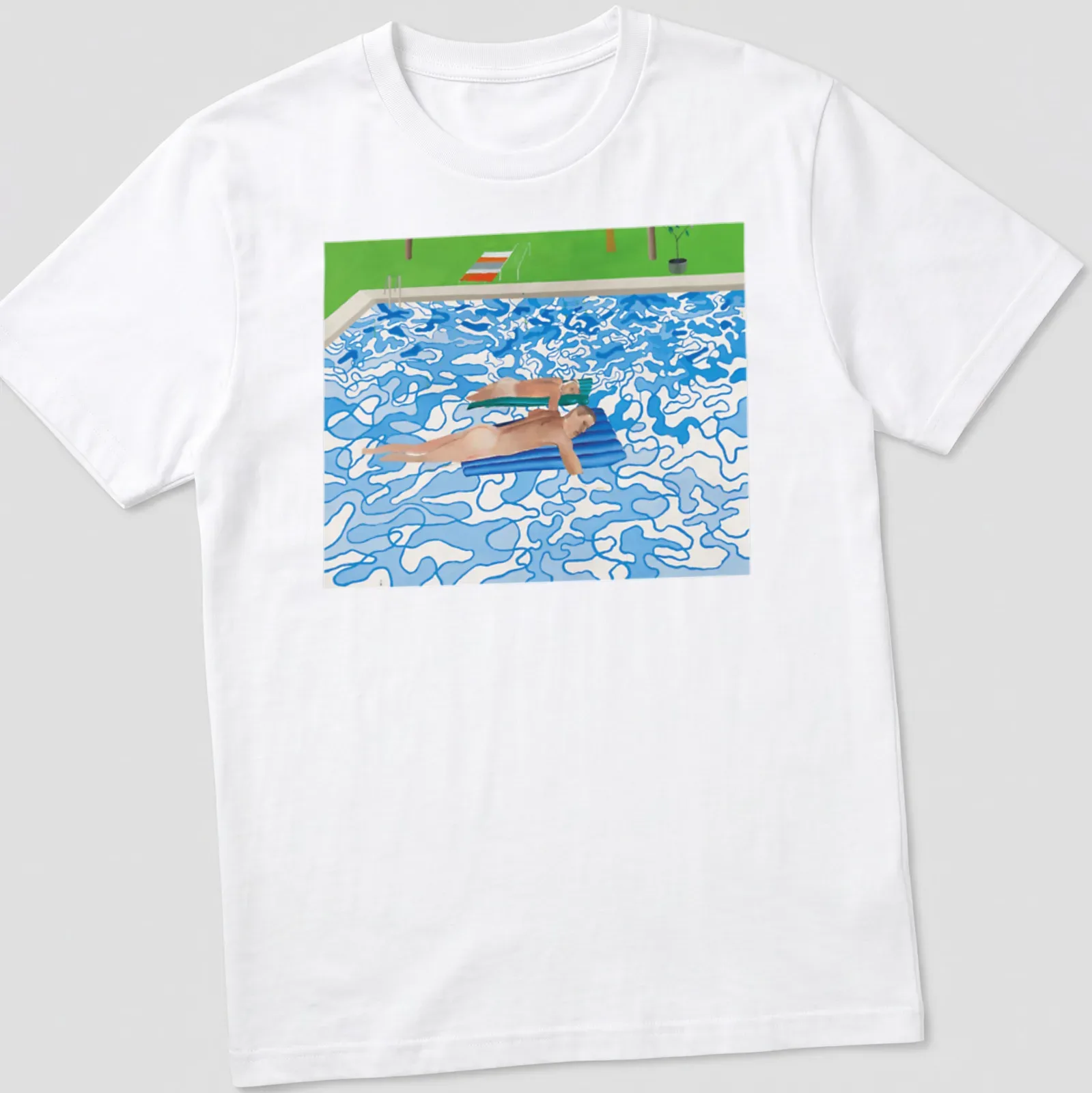 Colorful modern print of swimmers enjoying a pool with blue, green, orange, and brown hues — printed on a unisex t-shirt