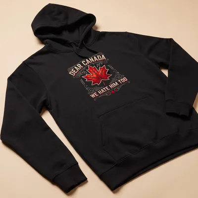 Political T-shirt with the text Dear Canada We Hate Him Too and a red maple leaf — printed on a unisex hoodie