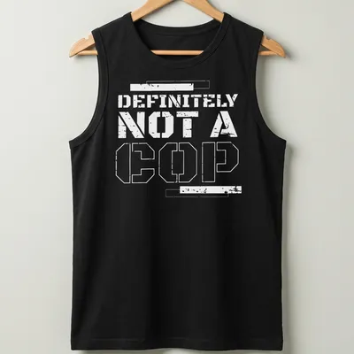 Bold statement t-shirt with the text 'DEFINITELY NOT A COP' in black and white — printed on a tank top