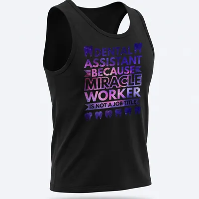 Galaxy-themed t-shirt for dental assistants with a whimsical tooth design — printed on a tank top