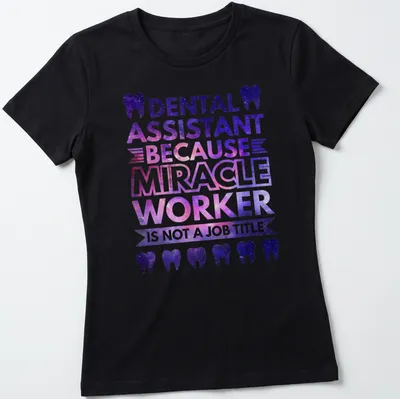 Galaxy-themed t-shirt for dental assistants with a whimsical tooth design — printed on a women's shirt
