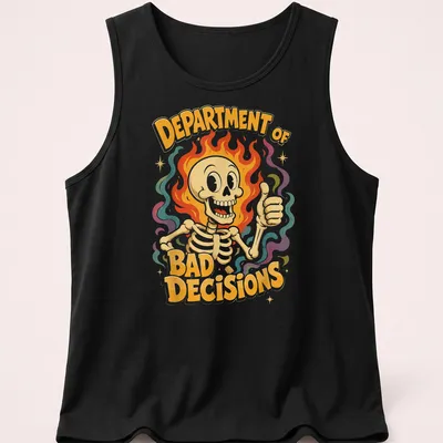 Vintage colorful design featuring a skeleton giving a thumbs up with text above it. — printed on a tank top