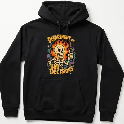 Vintage colorful design featuring a skeleton giving a thumbs up with text above it. — printed on a unisex hoodie