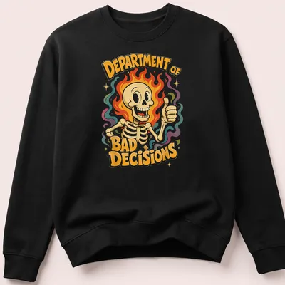 Vintage colorful design featuring a skeleton giving a thumbs up with text above it. — printed on a unisex sweatshirt