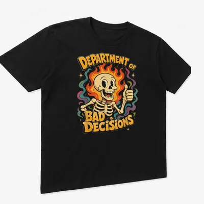 Vintage colorful design featuring a skeleton giving a thumbs up with text above it. — printed on a unisex t-shirt (angled view)