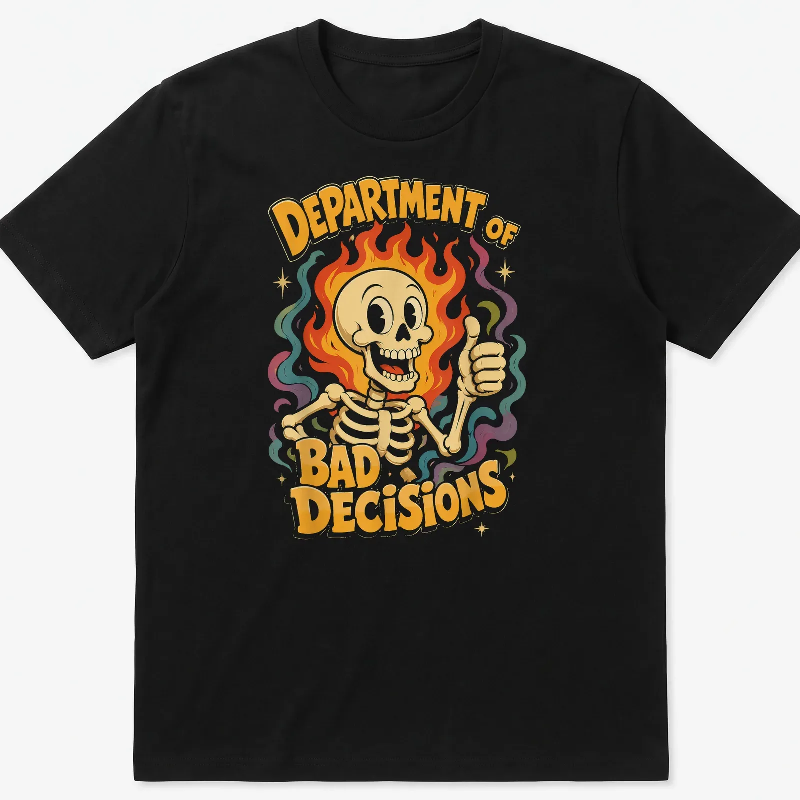 Vintage colorful design featuring a skeleton giving a thumbs up with text above it. — printed on a unisex t-shirt