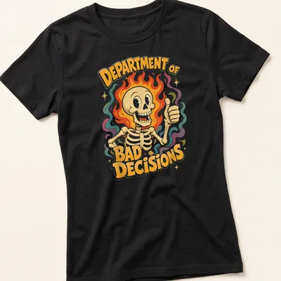 Vintage colorful design featuring a skeleton giving a thumbs up with text above it. — printed on a women's shirt