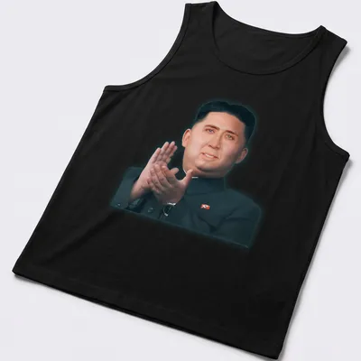 Photomontage of a dictator's portrait in skin tones, black, and red. — printed on a tank top