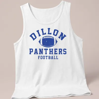 Distressed vintage Dillon Panthers Football t-shirt with bold lettering — printed on a tank top