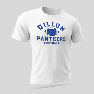 Distressed vintage Dillon Panthers Football t-shirt with bold lettering — printed on a unisex t-shirt (angled view)