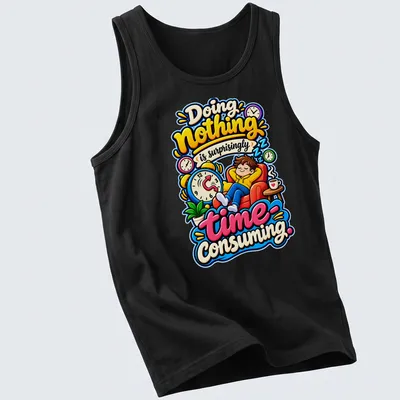 Colorful cartoon of a relaxed person on a couch with humorous text — printed on a tank top