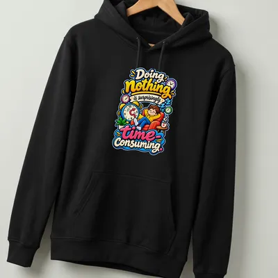 Colorful cartoon of a relaxed person on a couch with humorous text — printed on a unisex hoodie