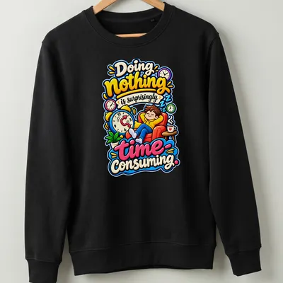 Colorful cartoon of a relaxed person on a couch with humorous text — printed on a unisex sweatshirt