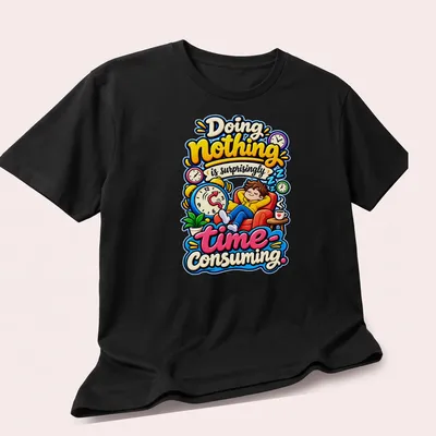 Colorful cartoon of a relaxed person on a couch with humorous text — printed on a unisex t-shirt (angled view)