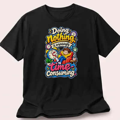 Colorful cartoon of a relaxed person on a couch with humorous text