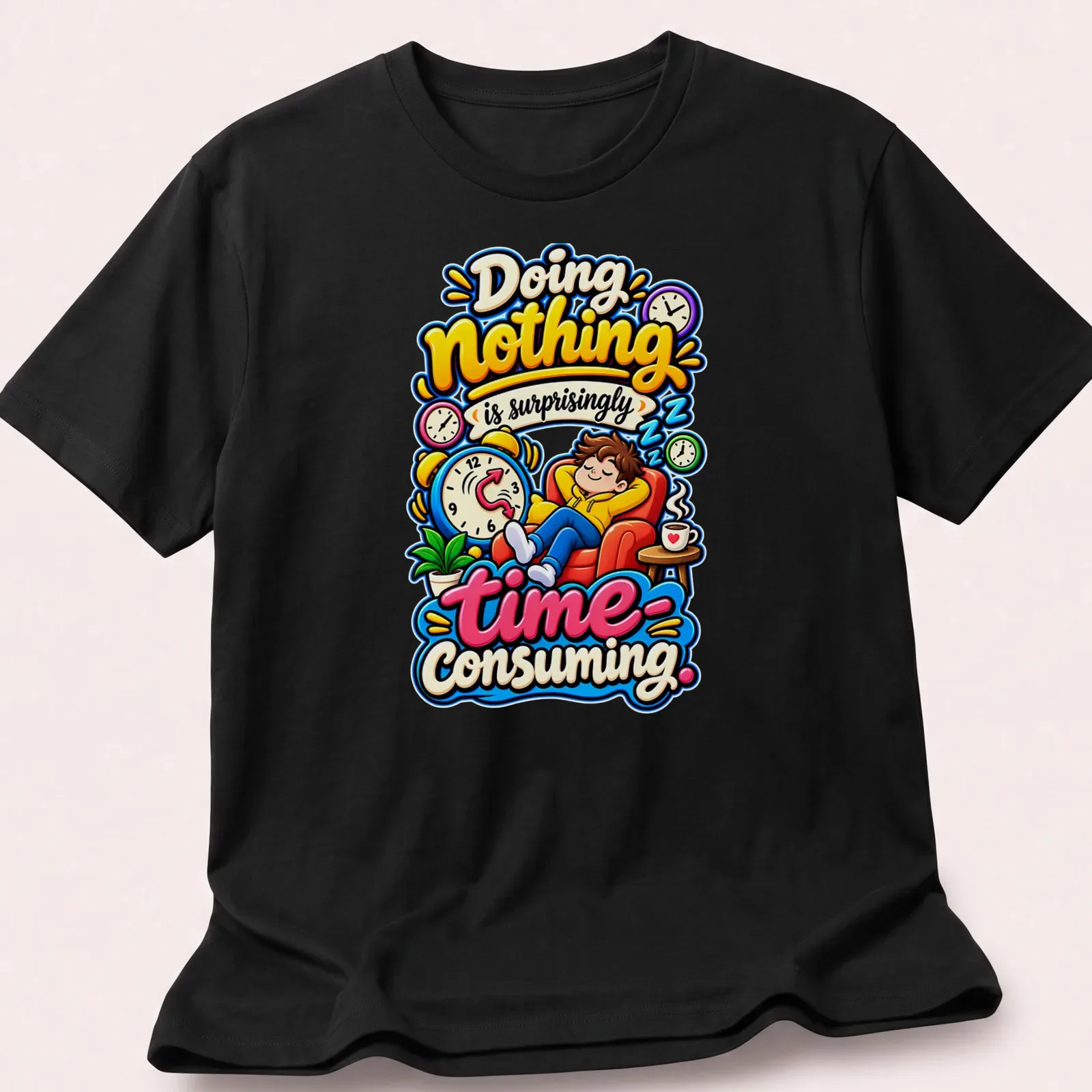 Colorful cartoon of a relaxed person on a couch with humorous text — printed on a unisex t-shirt