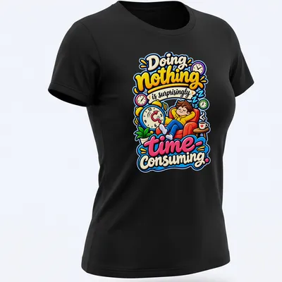 Colorful cartoon of a relaxed person on a couch with humorous text — printed on a women's shirt