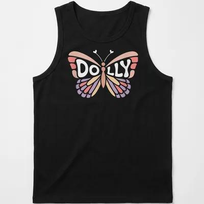Cute vintage style t-shirt with the name Dolly and a butterfly design — printed on a tank top