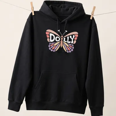 Cute vintage style t-shirt with the name Dolly and a butterfly design — printed on a unisex hoodie