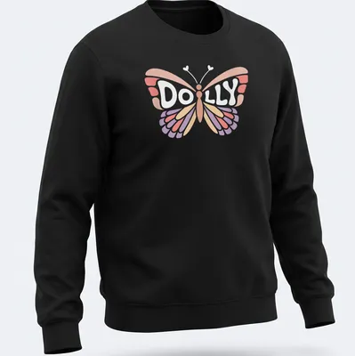 Cute vintage style t-shirt with the name Dolly and a butterfly design — printed on a unisex sweatshirt