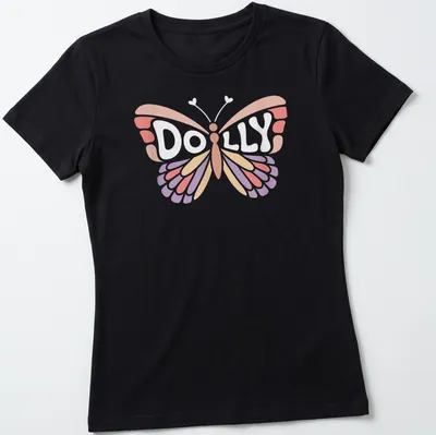 Cute vintage style t-shirt with the name Dolly and a butterfly design — printed on a women's shirt