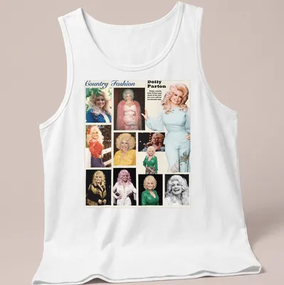 Collage of Dolly Parton in colorful illustration style with text about her fashion — printed on a tank top