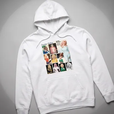 Collage of Dolly Parton in colorful illustration style with text about her fashion — printed on a unisex hoodie