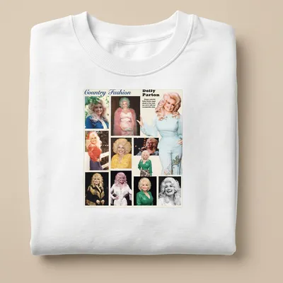 Collage of Dolly Parton in colorful illustration style with text about her fashion — printed on a unisex sweatshirt