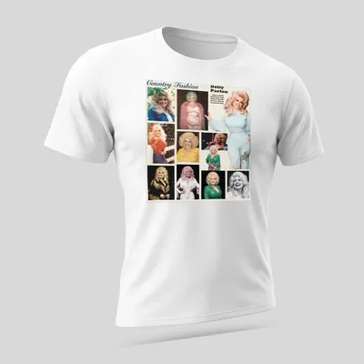 Collage of Dolly Parton in colorful illustration style with text about her fashion — printed on a unisex t-shirt (angled view)