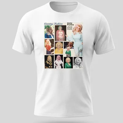 Collage of Dolly Parton in colorful illustration style with text about her fashion
