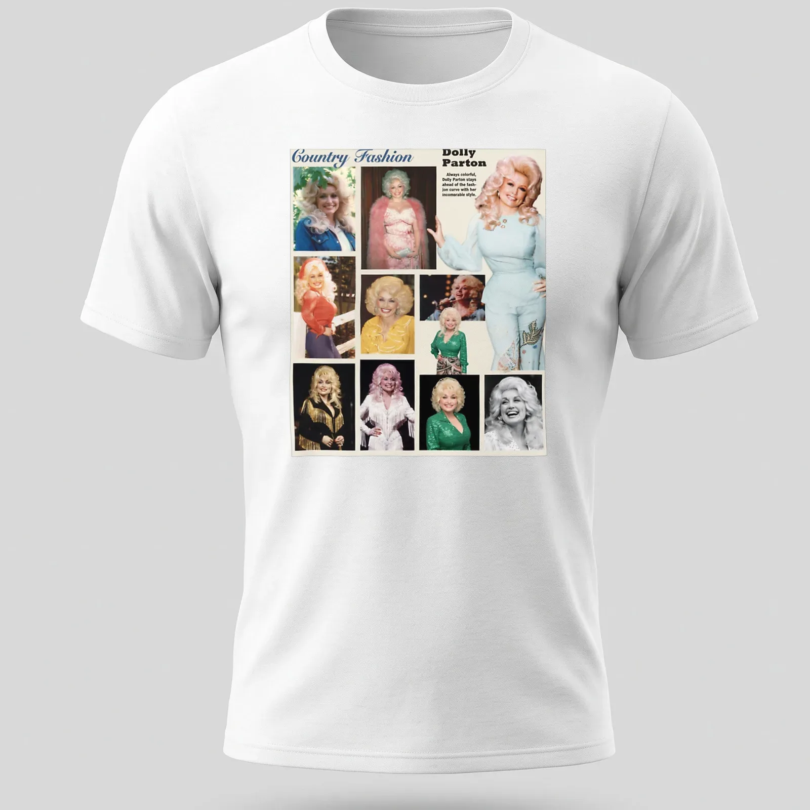 Collage of Dolly Parton in colorful illustration style with text about her fashion — printed on a unisex t-shirt