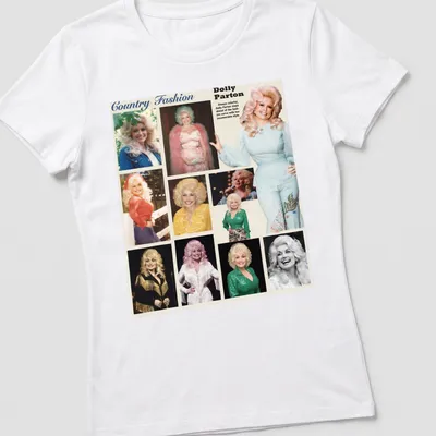 Collage of Dolly Parton in colorful illustration style with text about her fashion — printed on a women's shirt