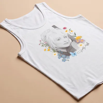 Floral portrait of Dolly Parton with butterflies in pastel colors — printed on a tank top