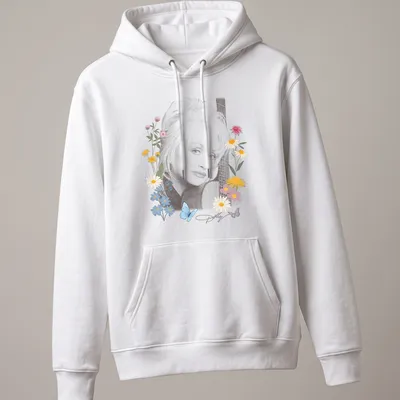 Floral portrait of Dolly Parton with butterflies in pastel colors — printed on a unisex hoodie