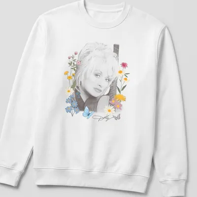 Floral portrait of Dolly Parton with butterflies in pastel colors — printed on a unisex sweatshirt