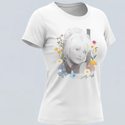 Floral portrait of Dolly Parton with butterflies in pastel colors — printed on a women's shirt