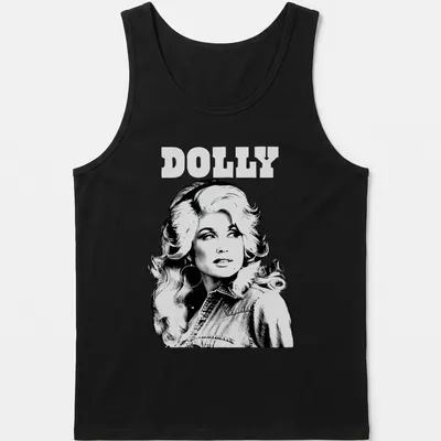 Vintage style t-shirt featuring Dolly Parton in black, white, and gray — printed on a tank top