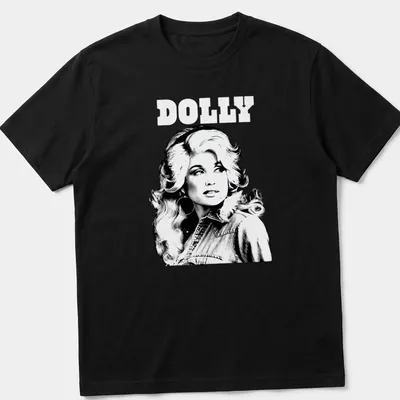 Vintage style t-shirt featuring Dolly Parton in black, white, and gray