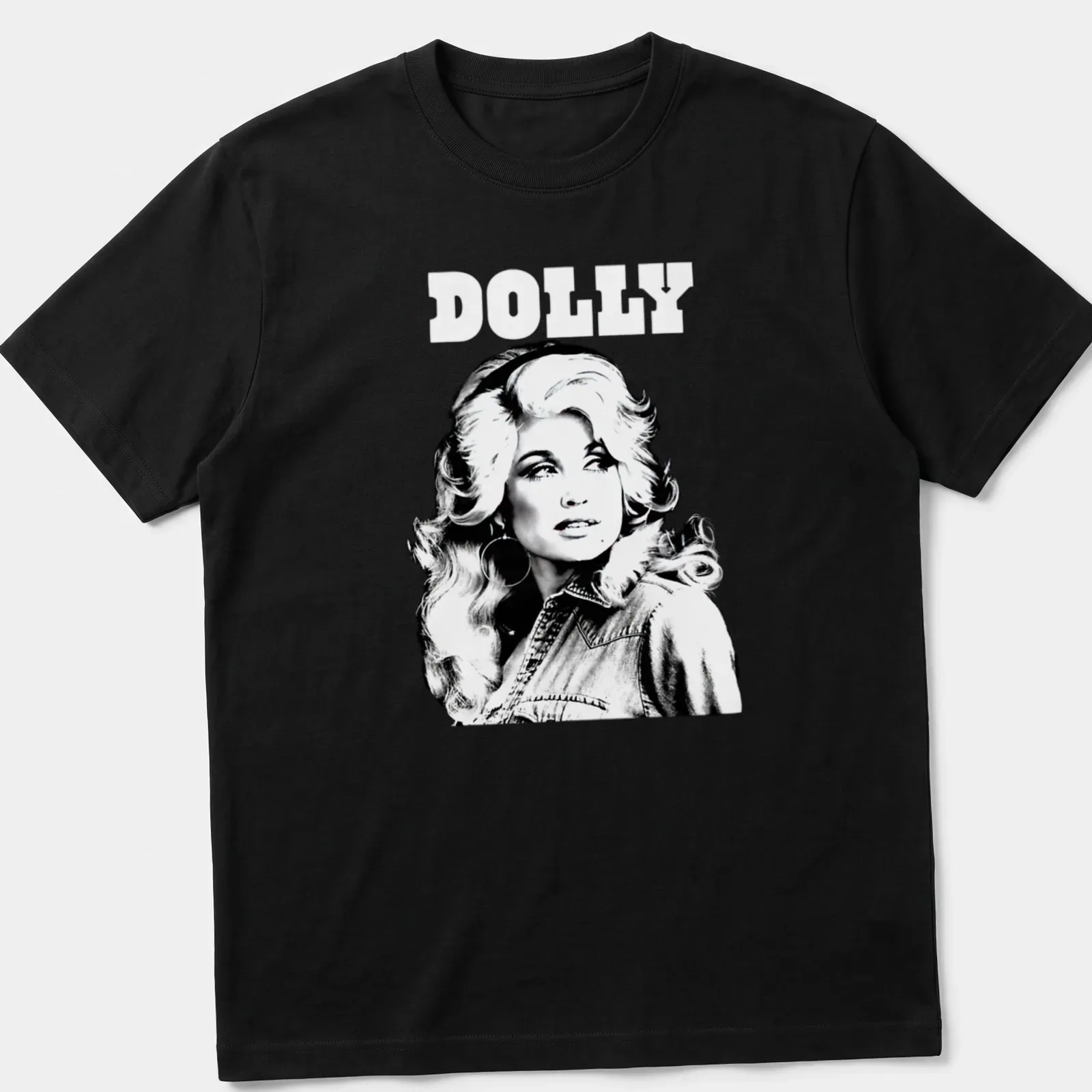 Vintage style t-shirt featuring Dolly Parton in black, white, and gray — printed on a unisex t-shirt