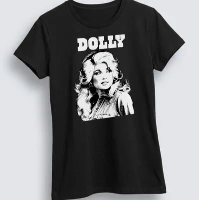 Vintage style t-shirt featuring Dolly Parton in black, white, and gray — printed on a women's shirt