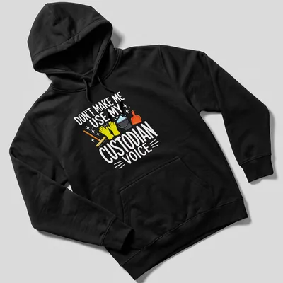 Colorful cartoon t-shirt with cleaning tools and the phrase Don't Make Me Use My Custodian Voice — printed on a unisex hoodie