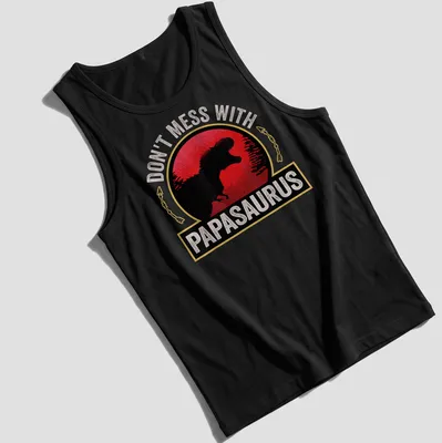 Vintage distressed T-shirt with a cartoon T-Rex and humorous text about Papasaurus. — printed on a tank top