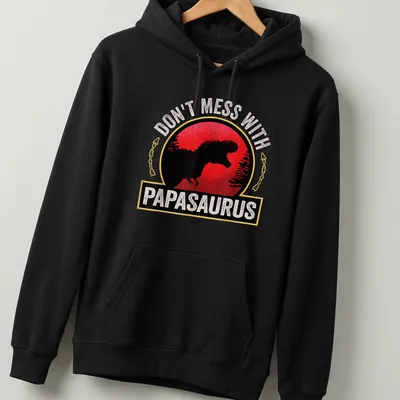 Vintage distressed T-shirt with a cartoon T-Rex and humorous text about Papasaurus. — printed on a unisex hoodie