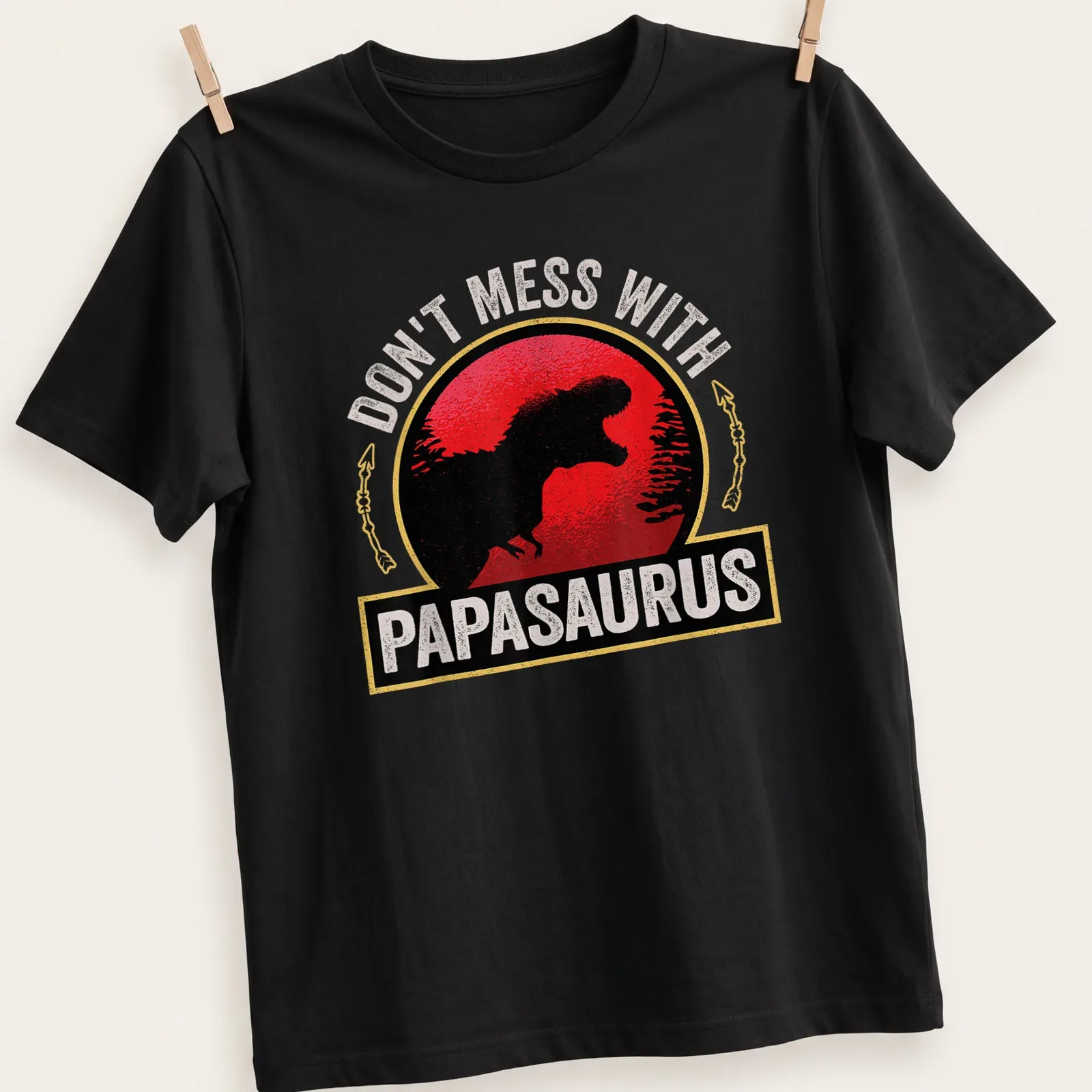 Vintage distressed T-shirt with a cartoon T-Rex and humorous text about Papasaurus. — printed on a unisex t-shirt
