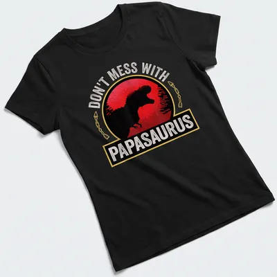 Vintage distressed T-shirt with a cartoon T-Rex and humorous text about Papasaurus. — printed on a women's shirt