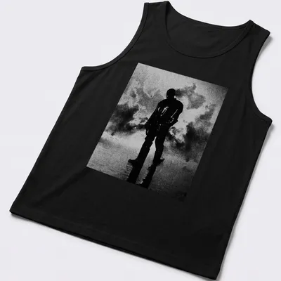 High contrast black and white silhouette of a man on a — printed on a tank top
