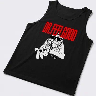 Cartoon-style Dr. Feelgood T-shirt with mad doctor illustration in red and black — printed on a tank top