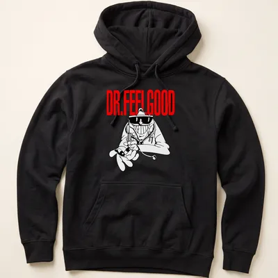 Cartoon-style Dr. Feelgood T-shirt with mad doctor illustration in red and black — printed on a unisex hoodie