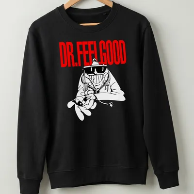 Cartoon-style Dr. Feelgood T-shirt with mad doctor illustration in red and black — printed on a unisex sweatshirt