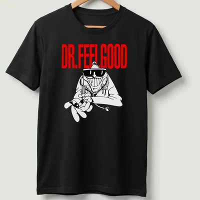 Cartoon-style Dr. Feelgood T-shirt with mad doctor illustration in red and black